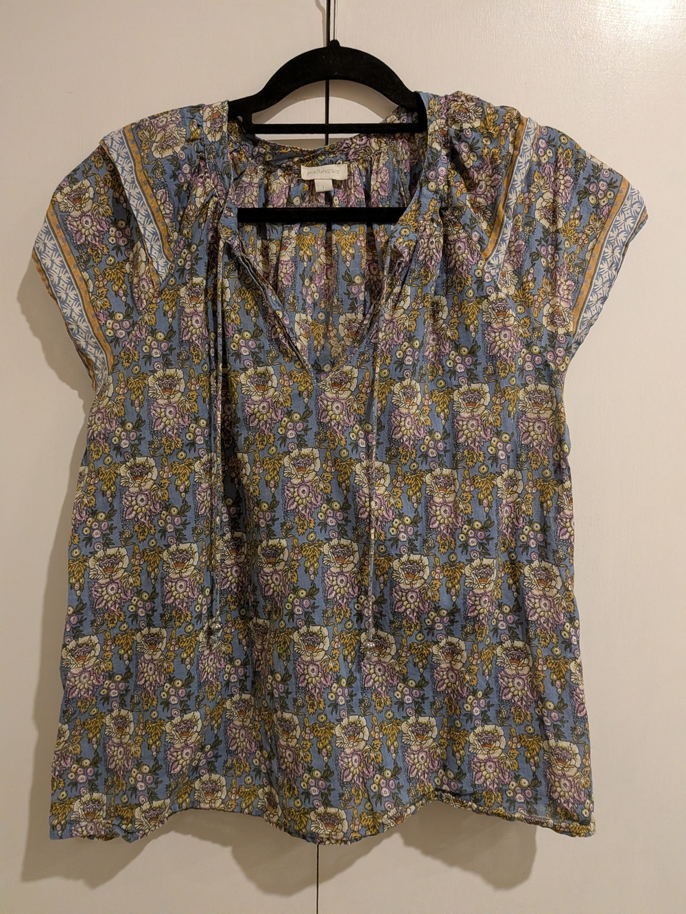 Blue Floral Short Sleeve Boho Blouse